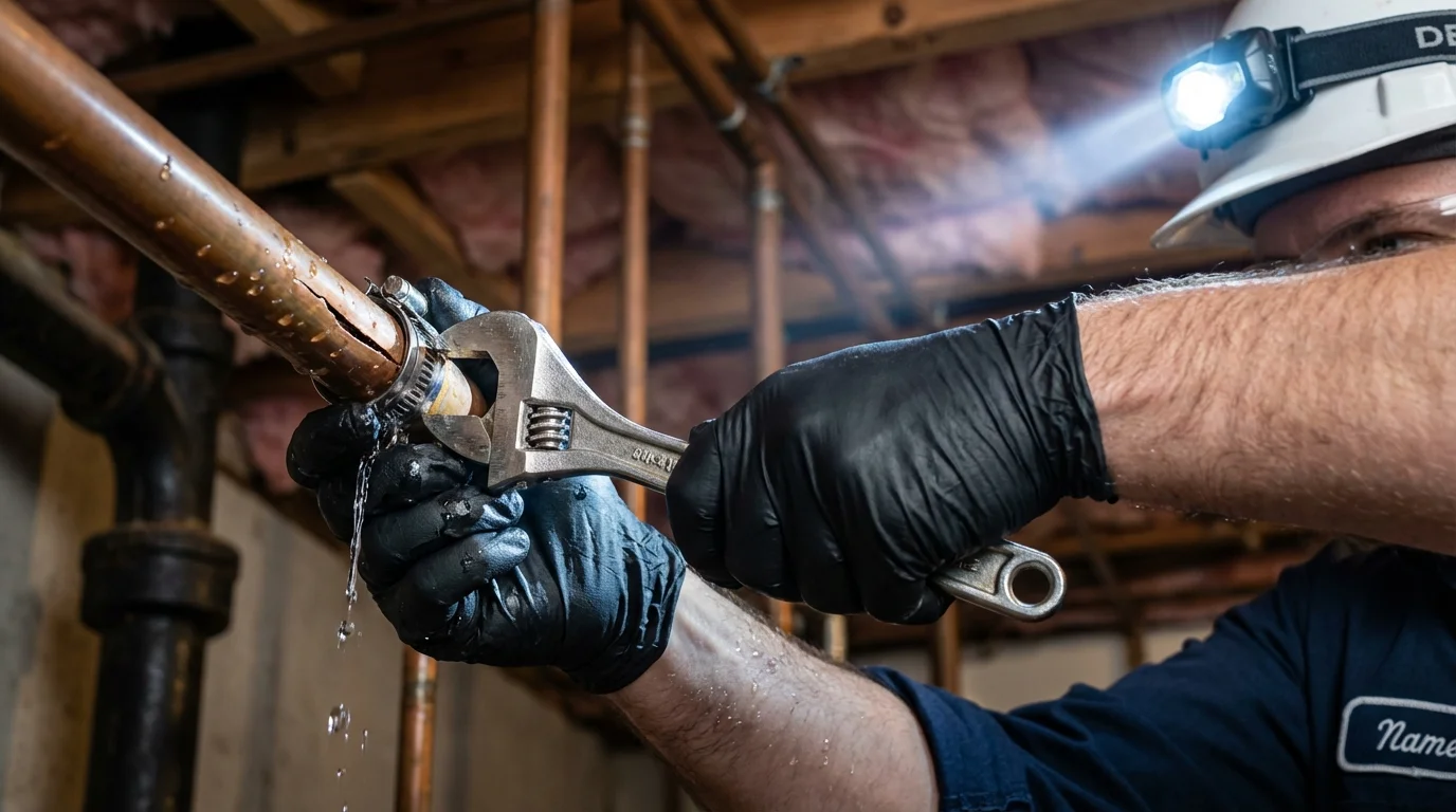 Emergency pipe clamp repair being performed by a Johns Plumbing LLC plumber in Cleburne