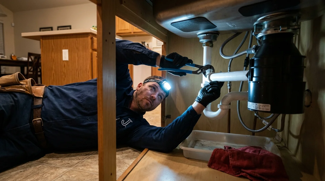 P-trap and supply line connections under a kitchen sink showing a common leak point in Cleburne, TX